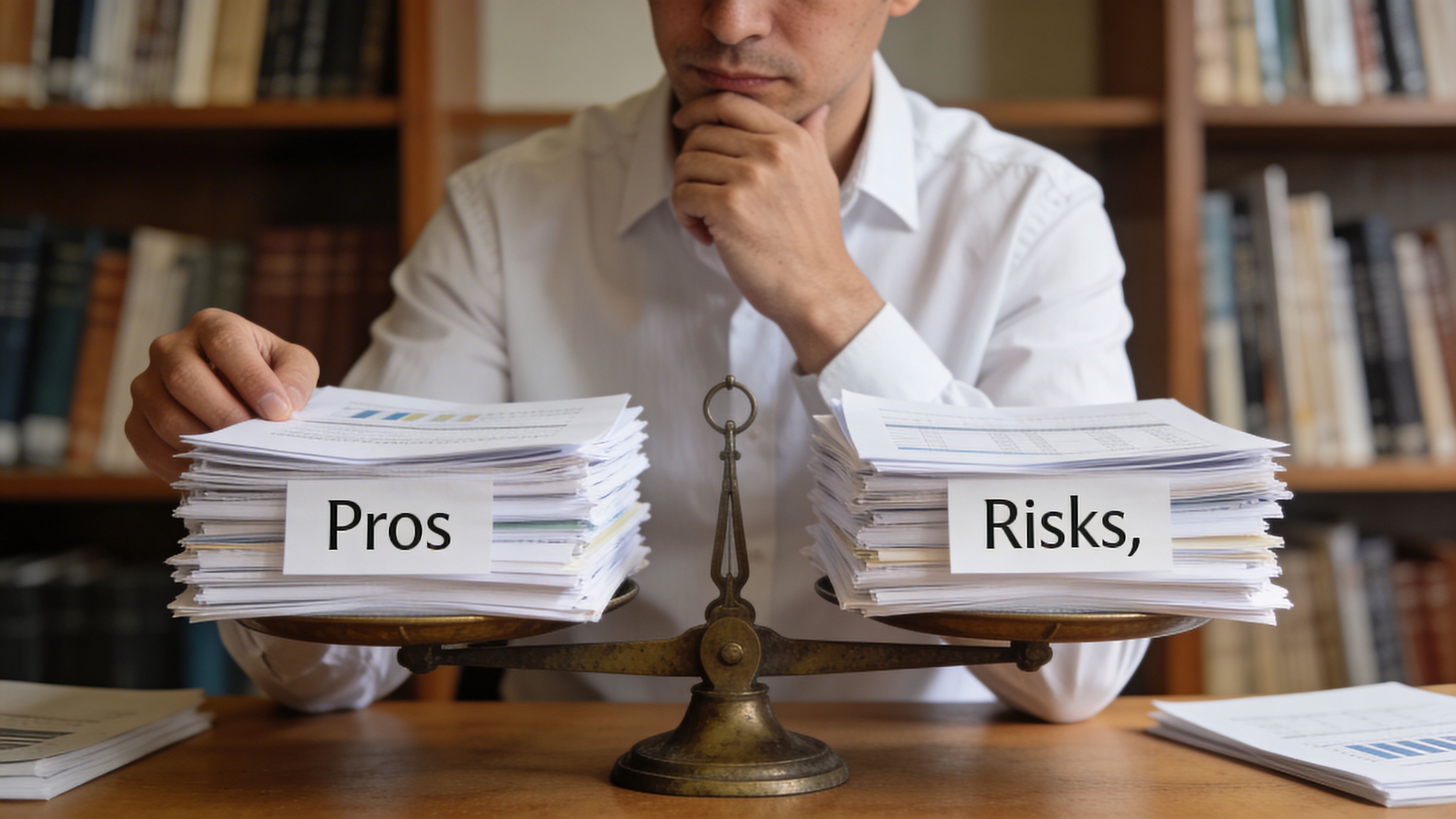 A man carefully evaluating documents labeled Pros and Risks balanced on a vintage scale in a library.