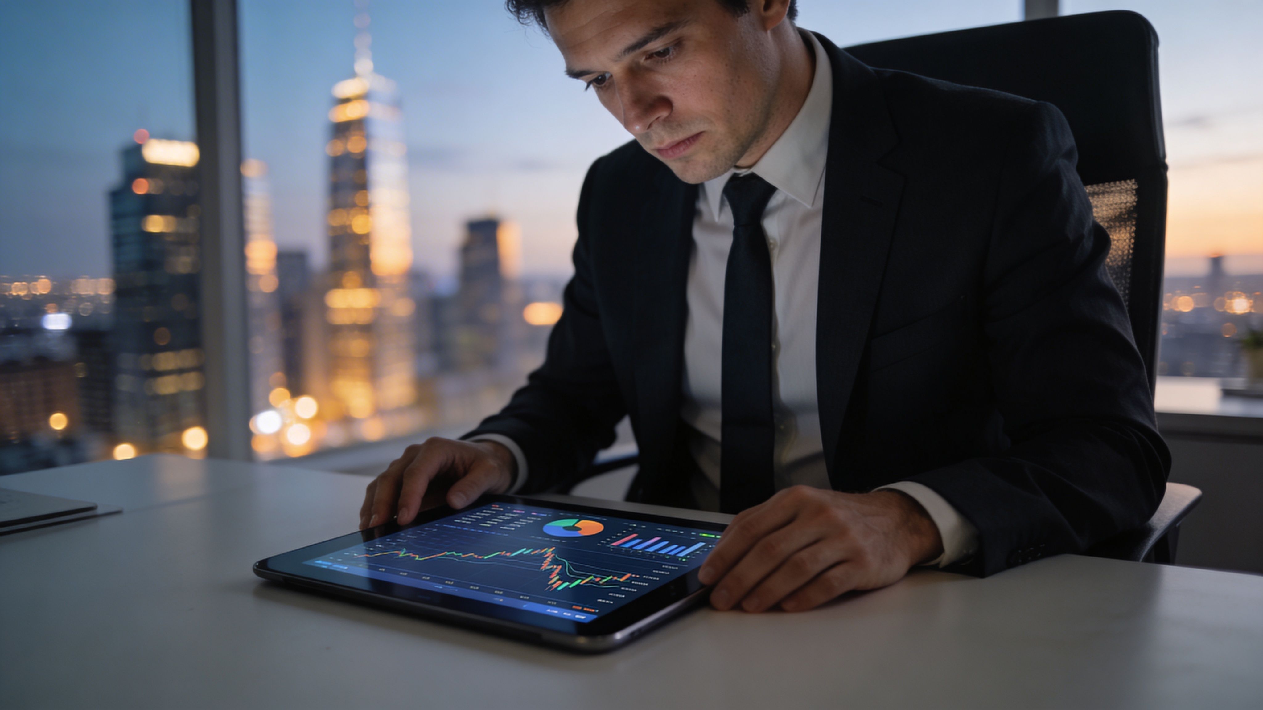 A professional man in a suit analyzing financial stock market charts on a tablet in an office.