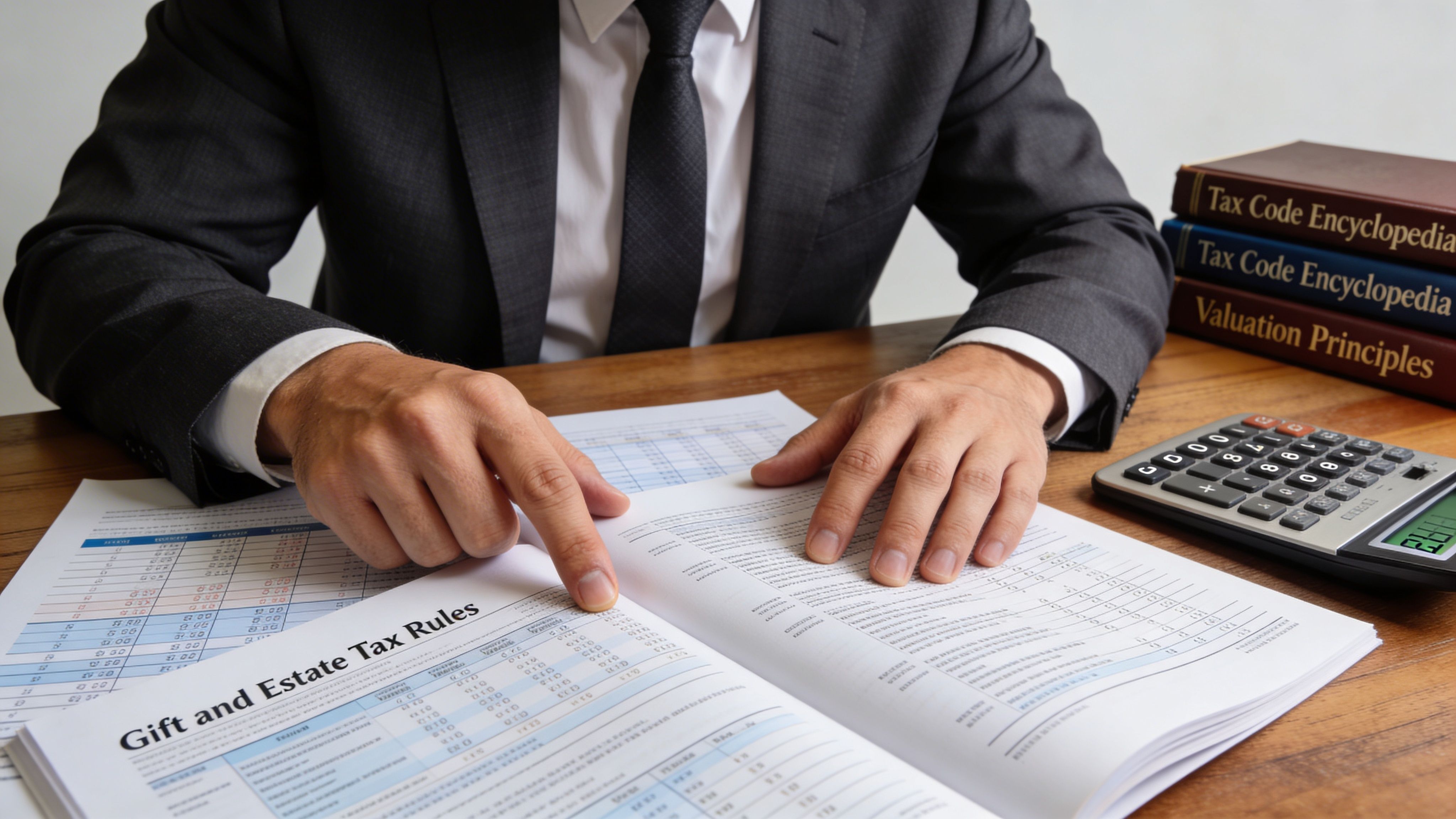 A professional financial advisor reviewing tax documents about estate and gift rules at a wooden desk.