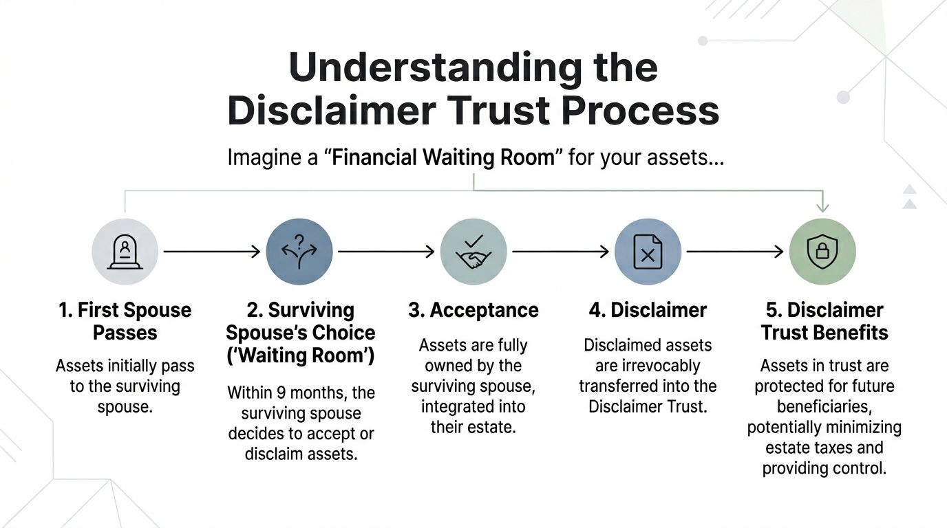 A diagram illustrating the five-step process of a disclaimer trust for surviving spouses and asset protection.