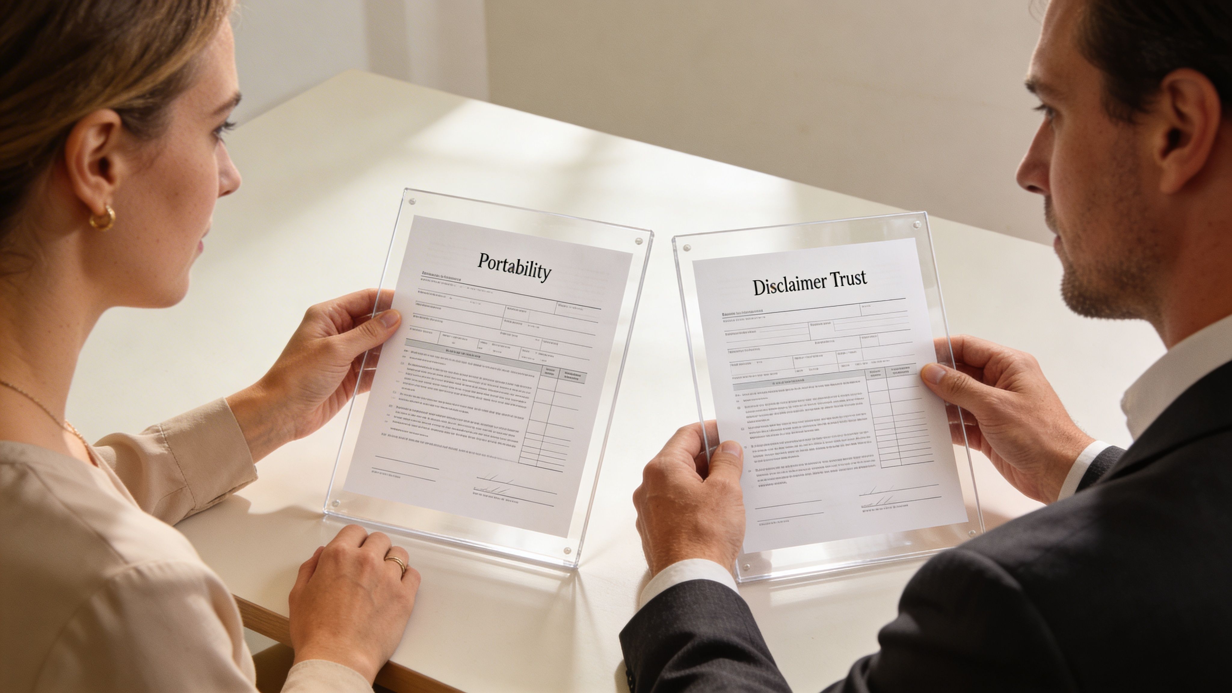 A professional man and woman sitting at a desk reviewing legal documents titled Portability and Disclaimer Trust.