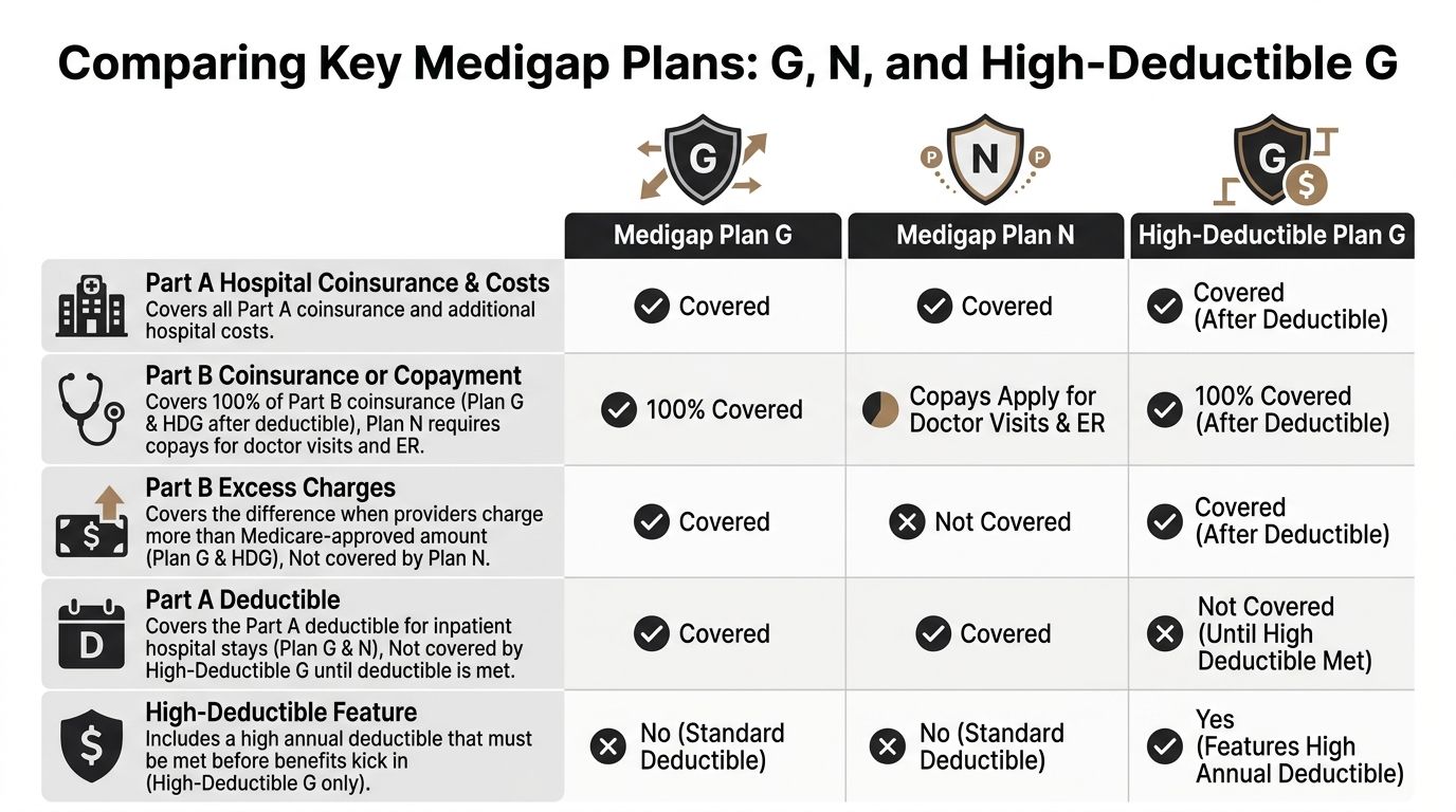 A comparison table outlining key coverage differences between Medicare Supplement plans G, N, and High-Deductible G.