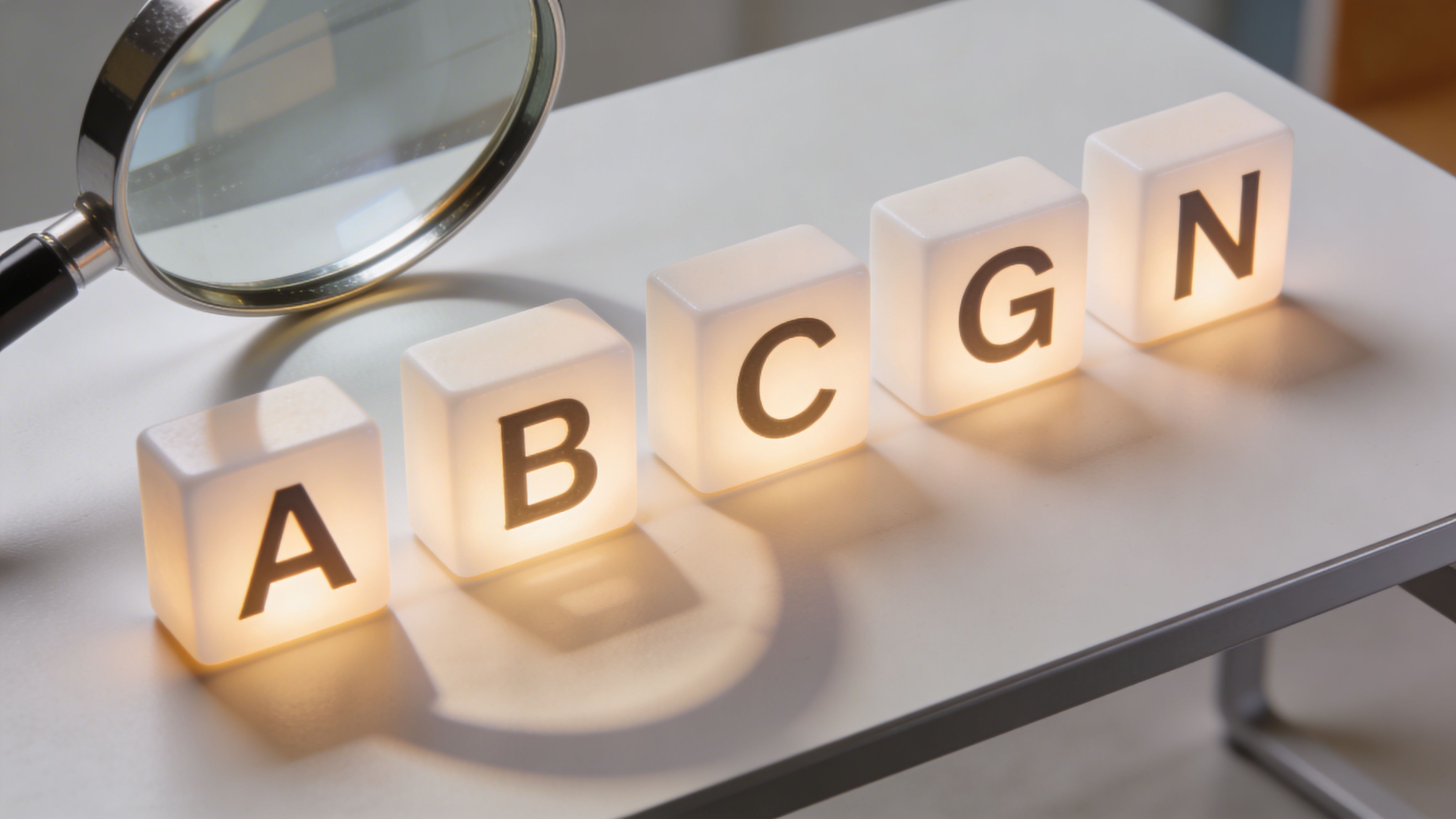 Glowing white cubes with letters A, B, C, G, N arranged on a table with a magnifying glass.