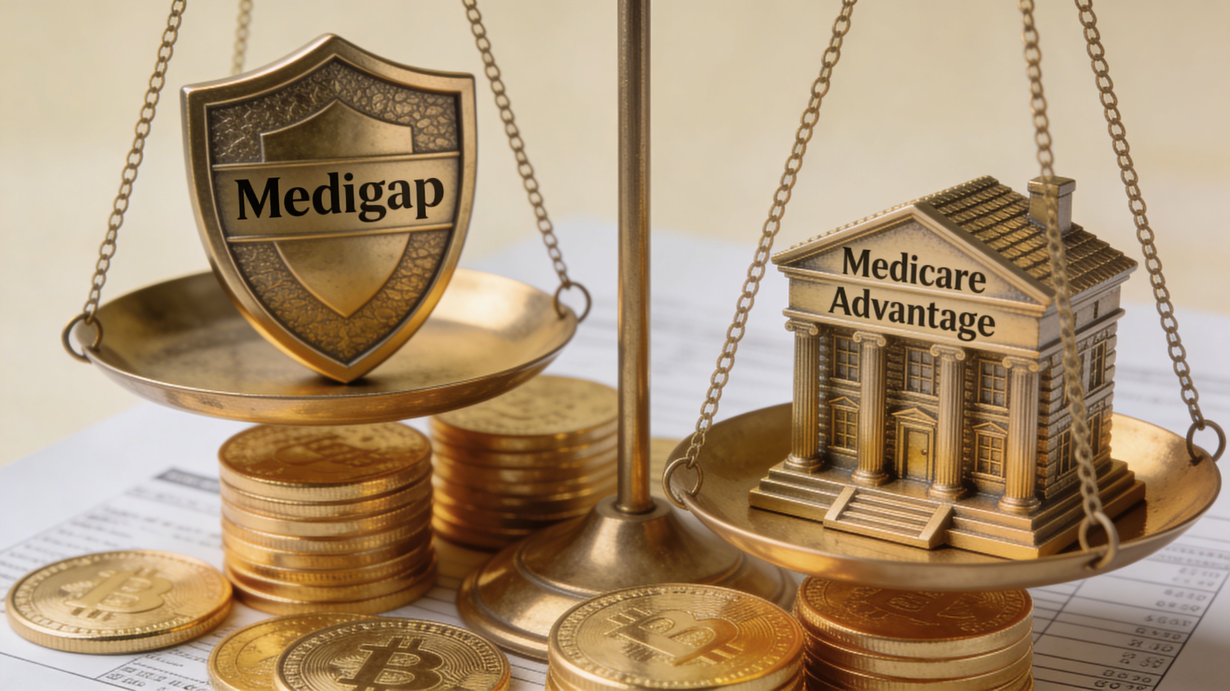 A conceptual scale featuring a Medigap shield and a Medicare Advantage building resting on gold coins.