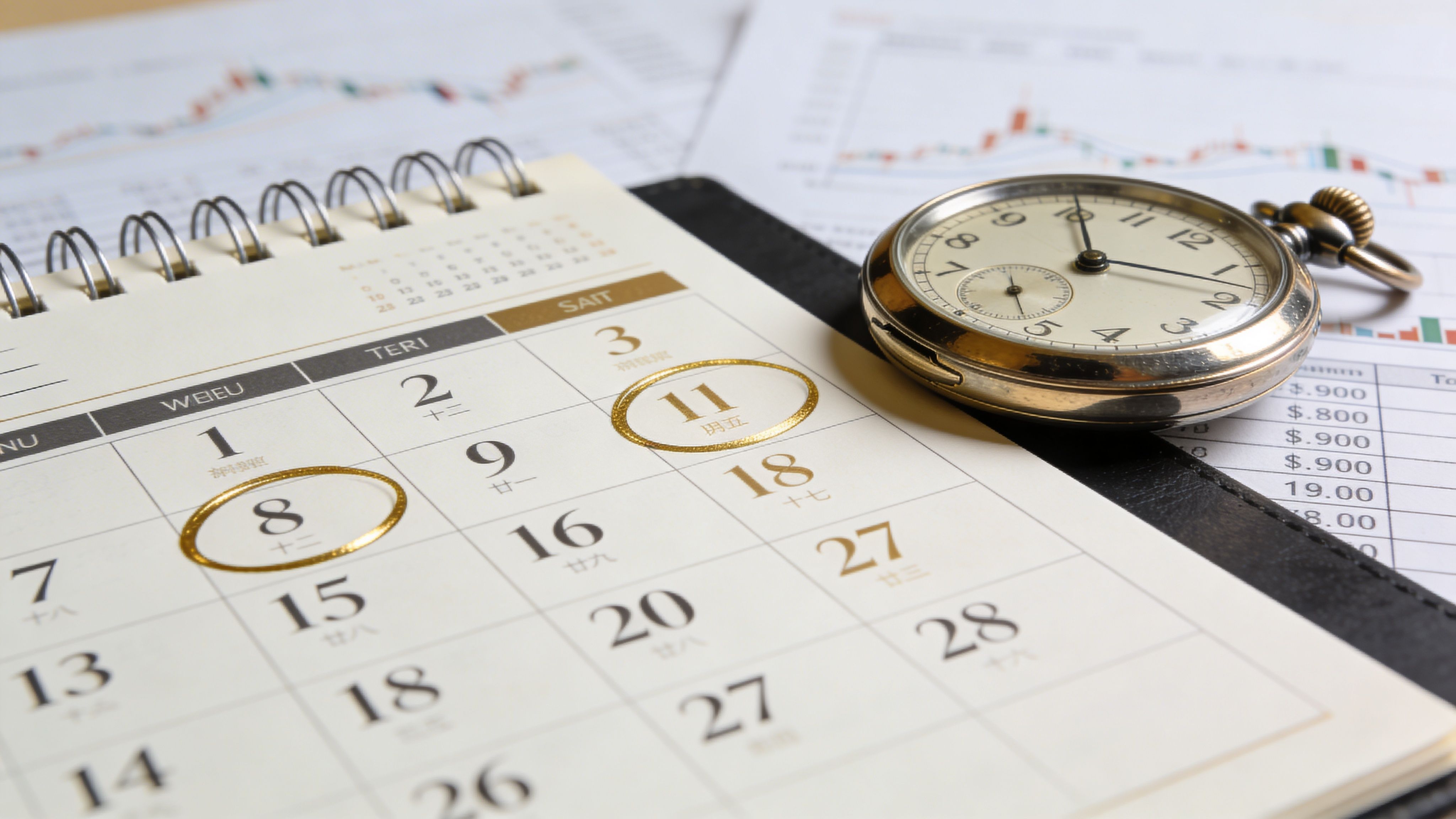 A pocket watch resting on a calendar with marked dates next to financial analysis charts.