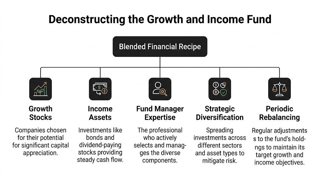 A diagram illustrating the components of a growth and income fund, including stocks, assets, and management.