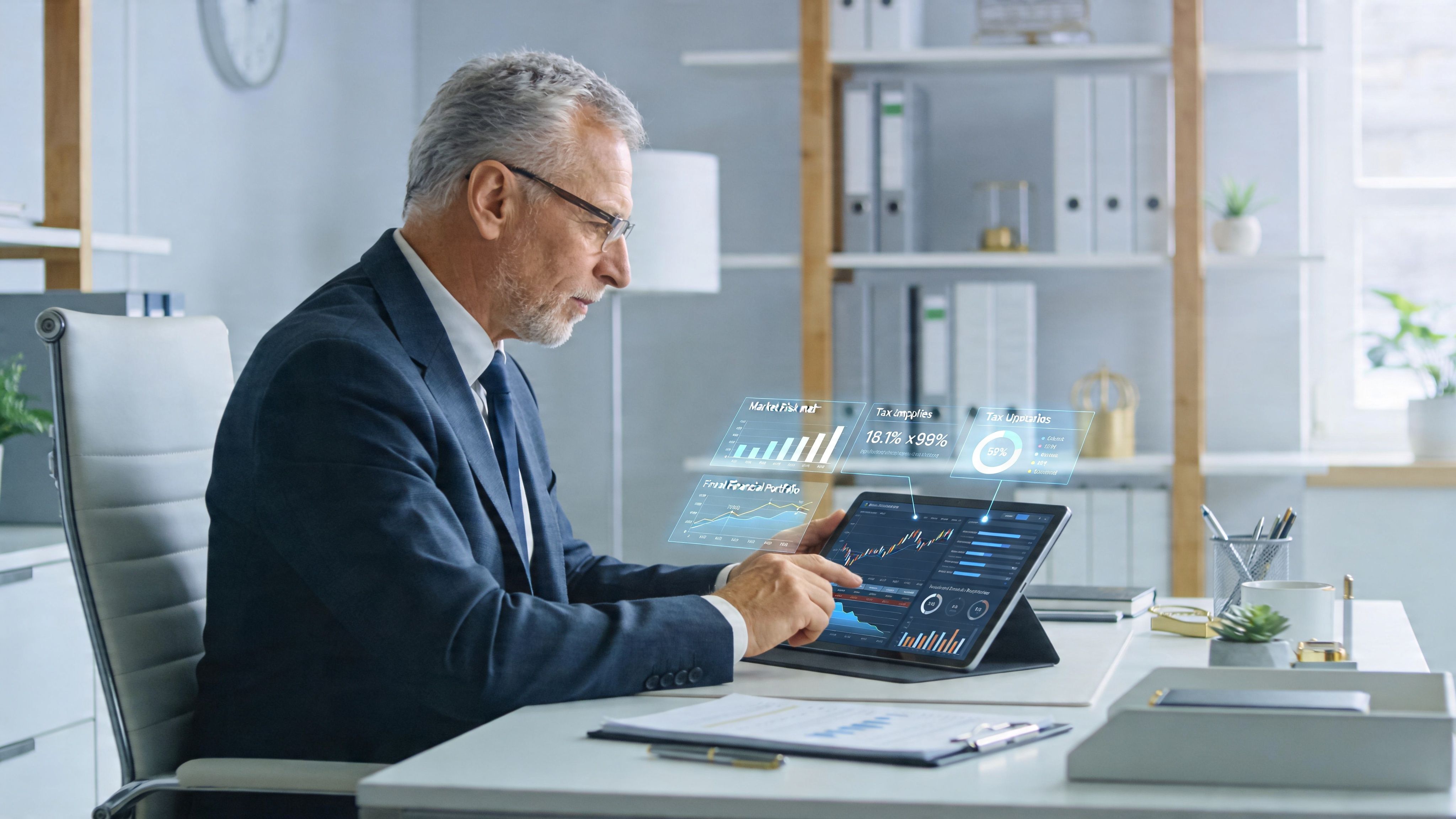 A professional financial advisor analyzing investment growth and income funds on a digital tablet in an office.