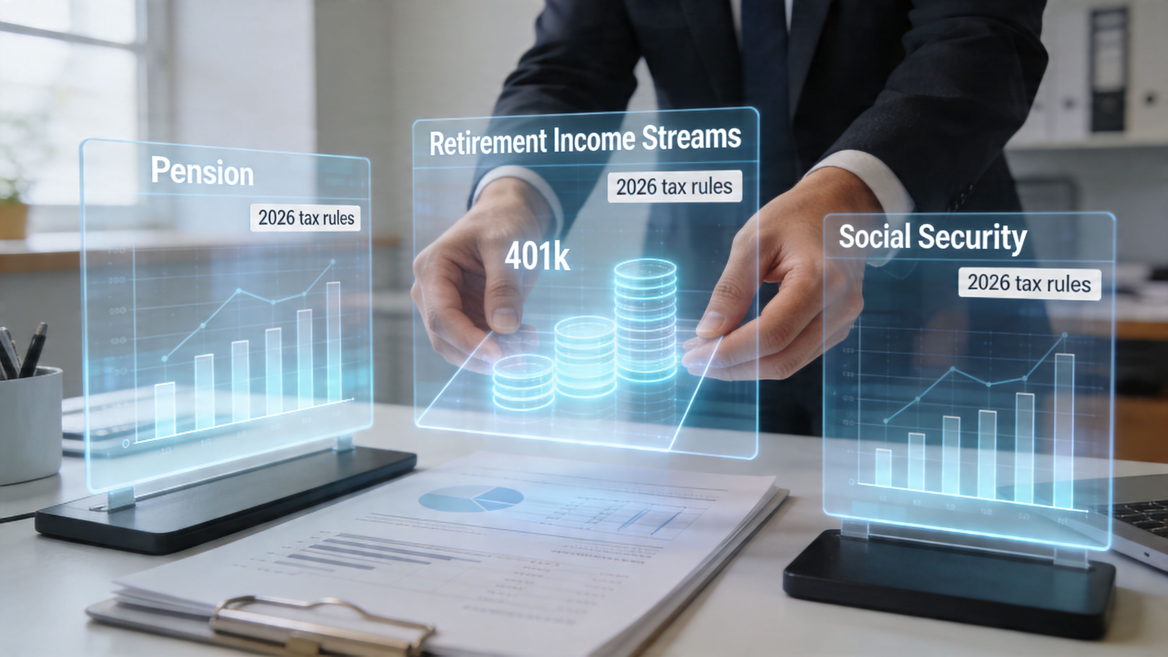 A financial advisor uses a digital interface to analyze 2026 tax rules for various retirement income streams.