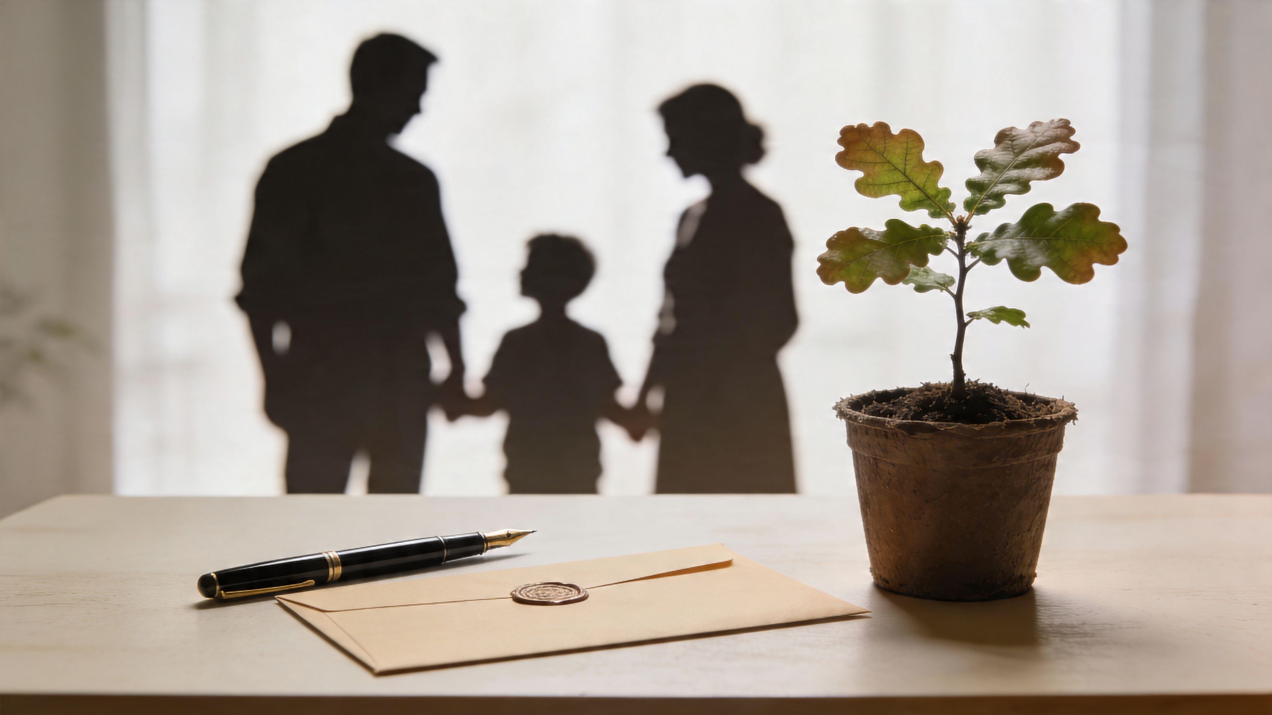 An envelope with a wax seal, a fountain pen, and a small oak sapling on a wooden desk.