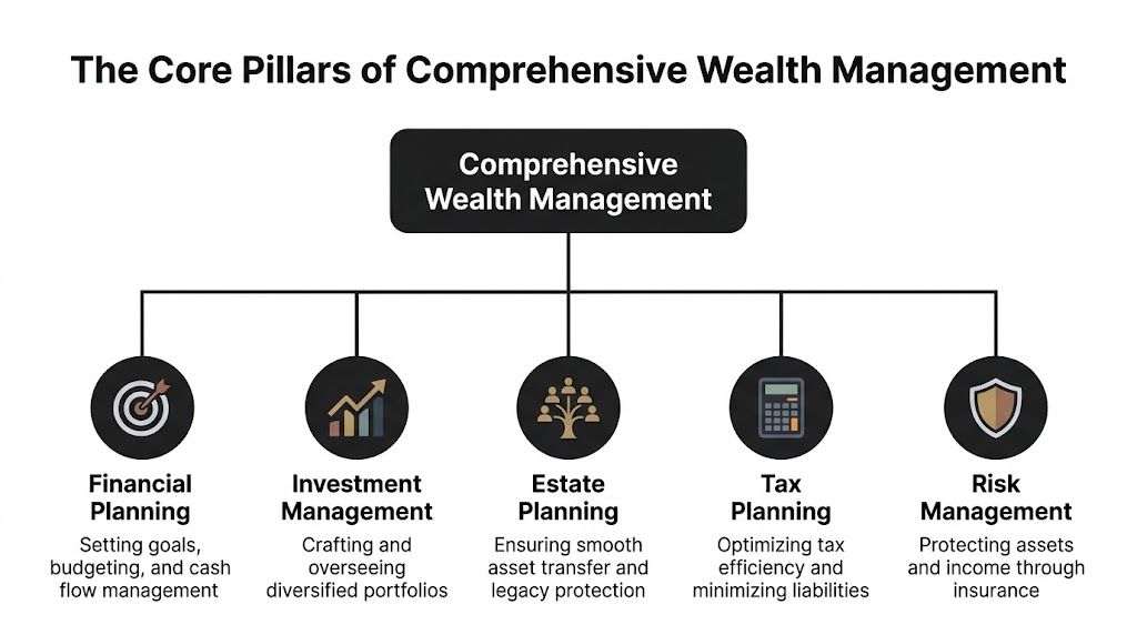 A diagram illustrating the core pillars of comprehensive wealth management, including financial, investment, estate, tax, and risk planning.