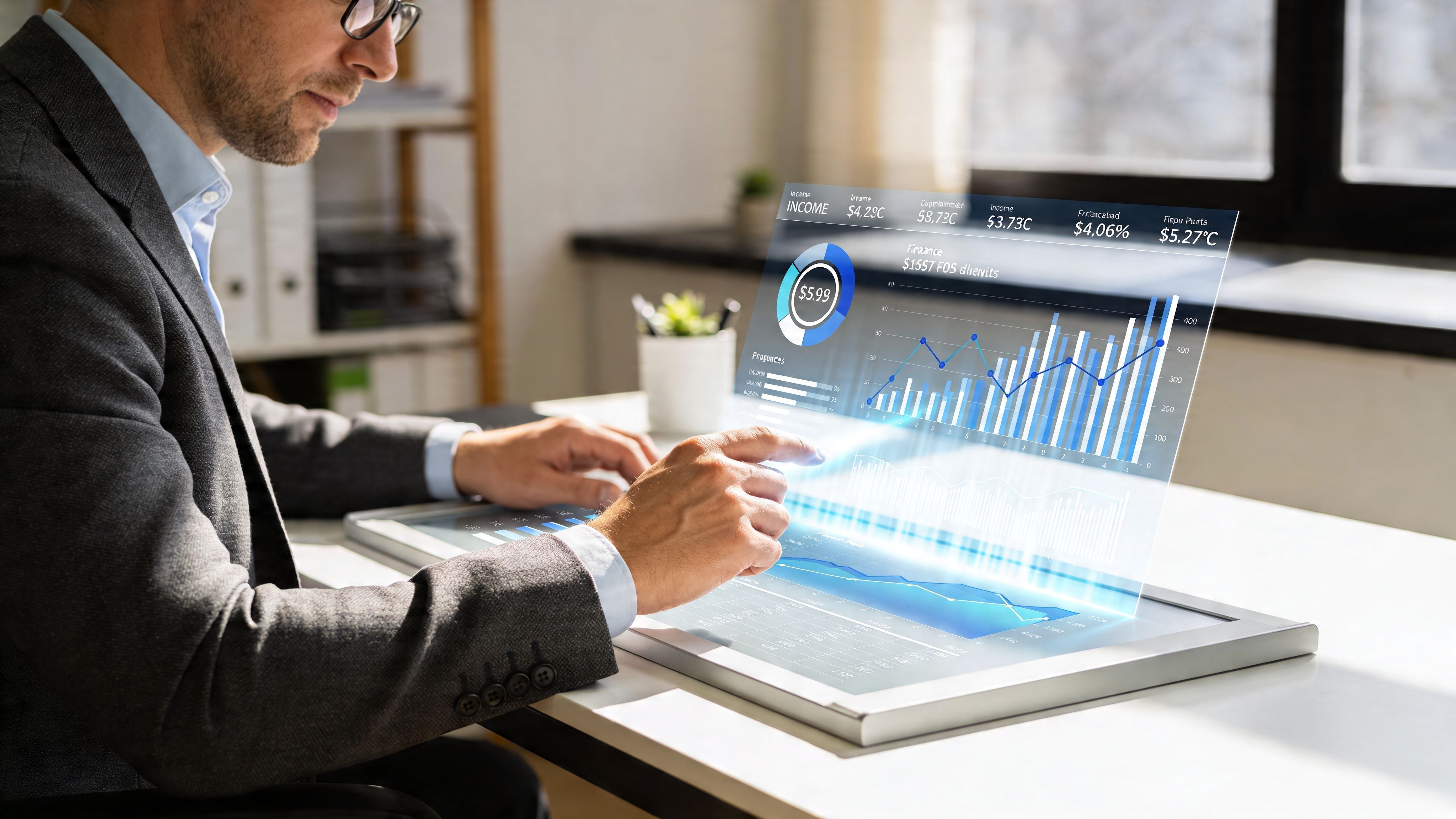 A professional man in a business suit analyzing financial data on a futuristic transparent digital screen.