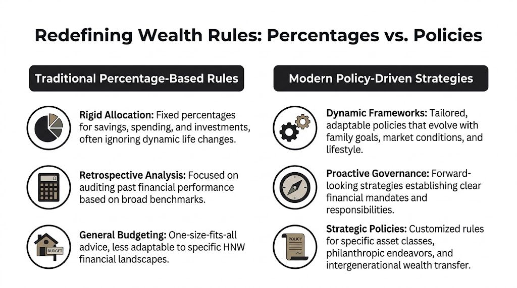 A comparison chart showing the difference between traditional percentage-based wealth rules and modern policy-driven financial strategies.