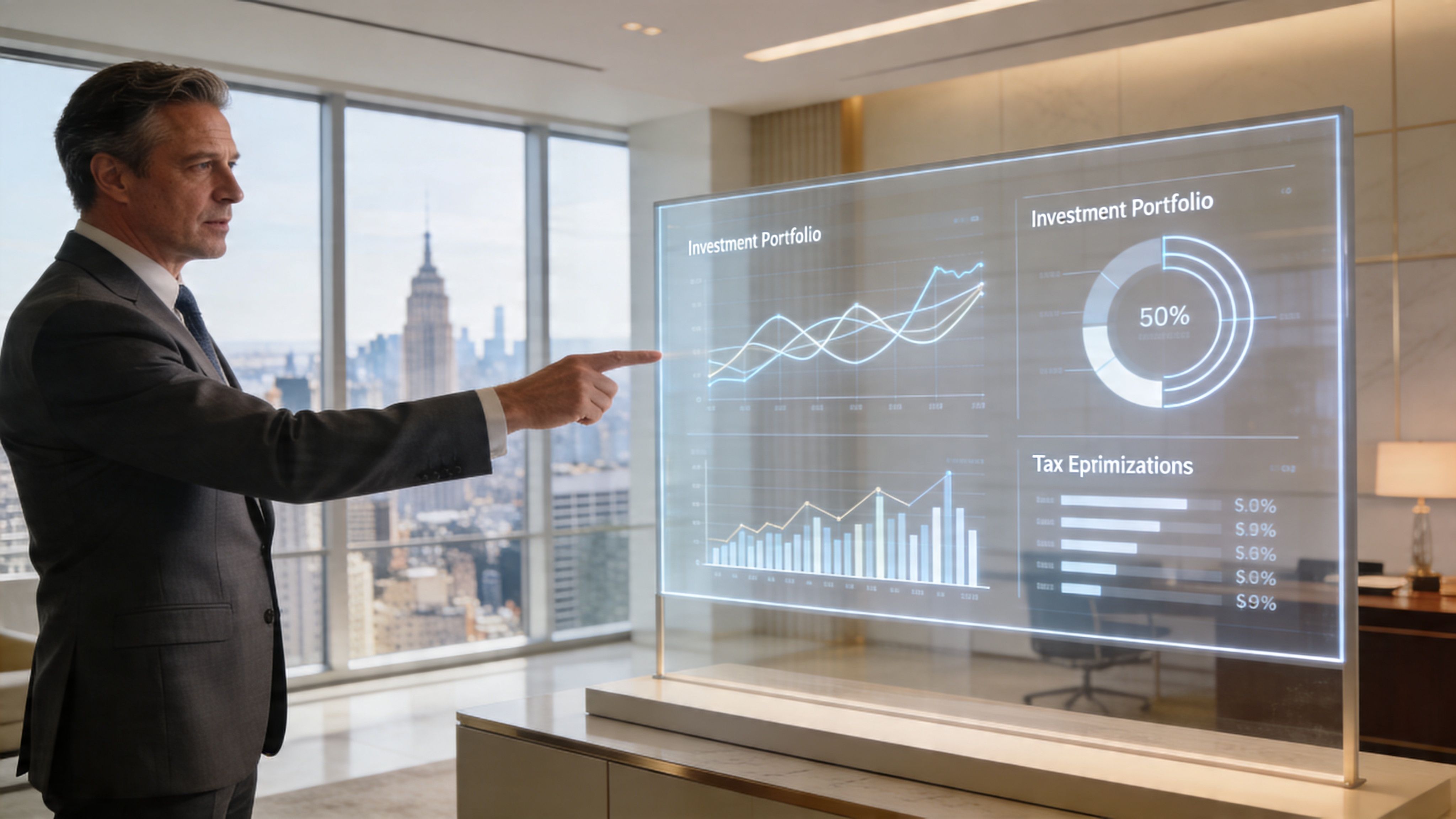 A professional businessman in a suit gestures towards a transparent digital glass screen displaying financial charts and data.