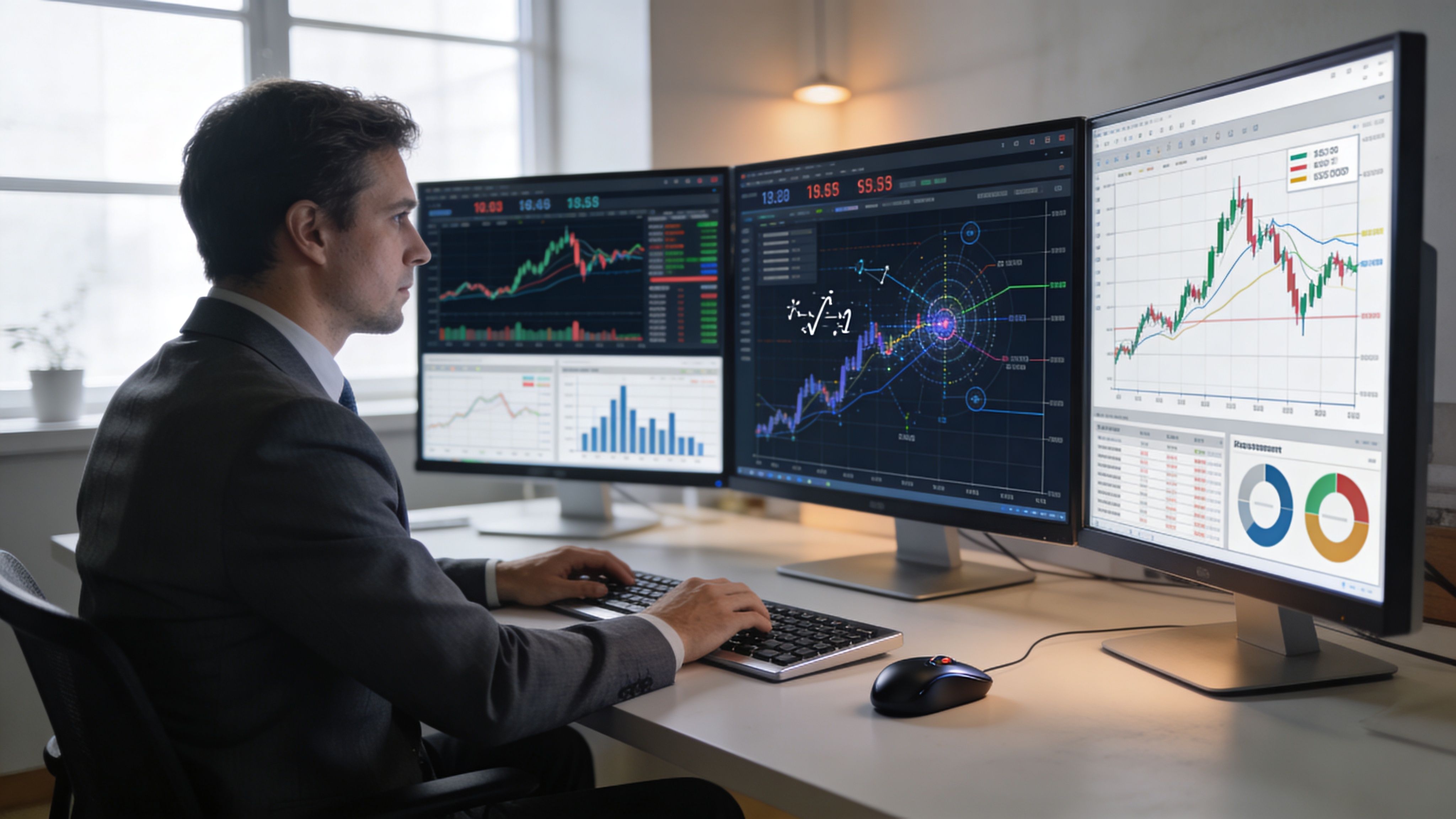 A professional financial analyst working at a desk with three monitors displaying complex stock market trading charts.