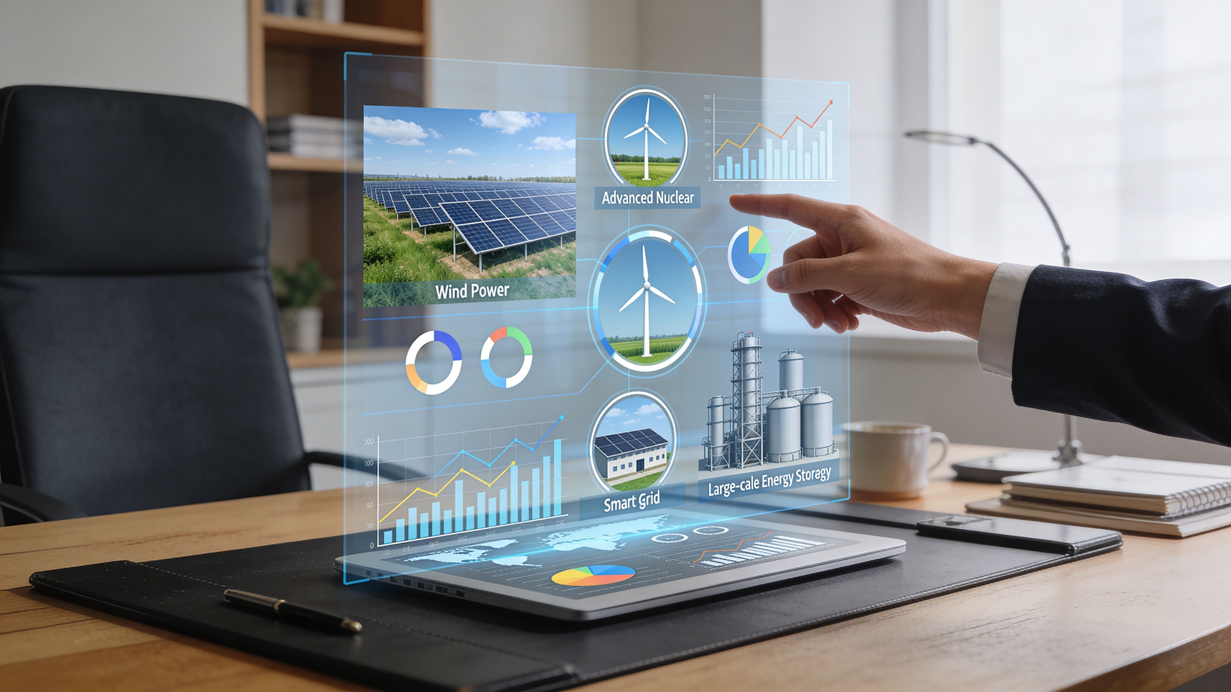 A professional using a futuristic holographic interface to analyze energy sector data and renewable power trends.