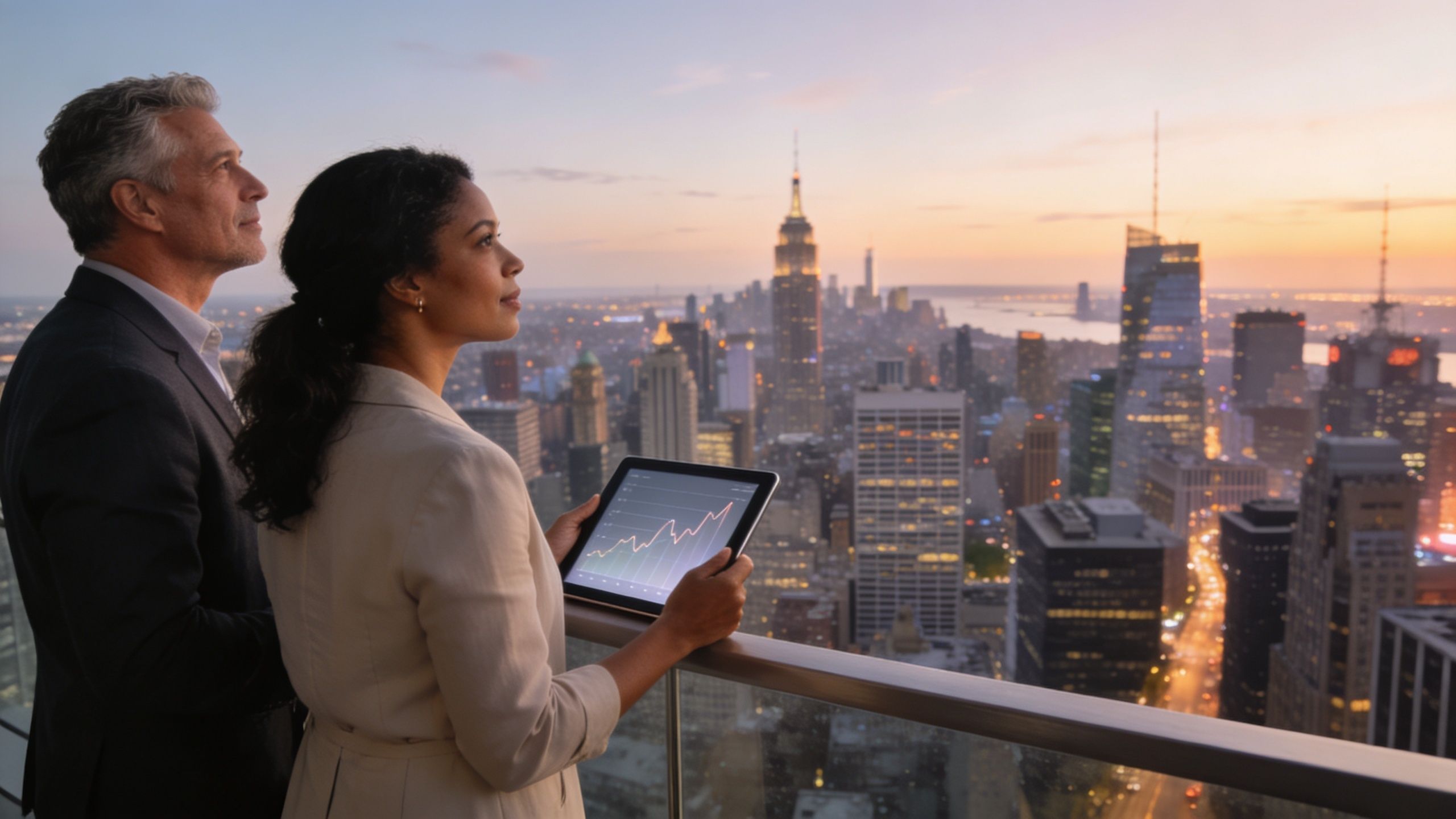 A professional man and woman looking out at the New York City skyline from a high-rise balcony.