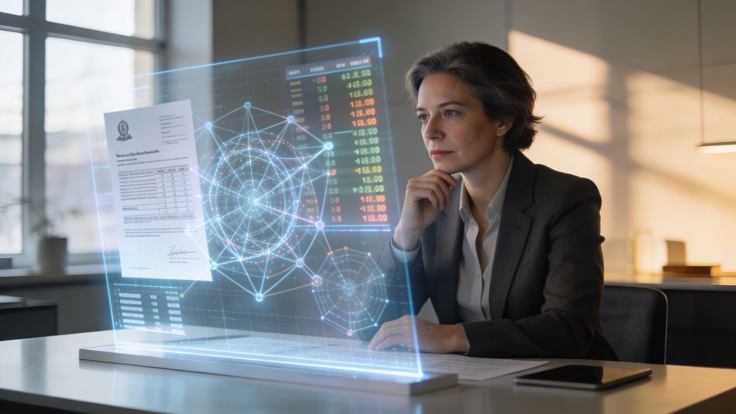 A professional woman in a suit analyzing digital financial data on a glowing holographic screen.