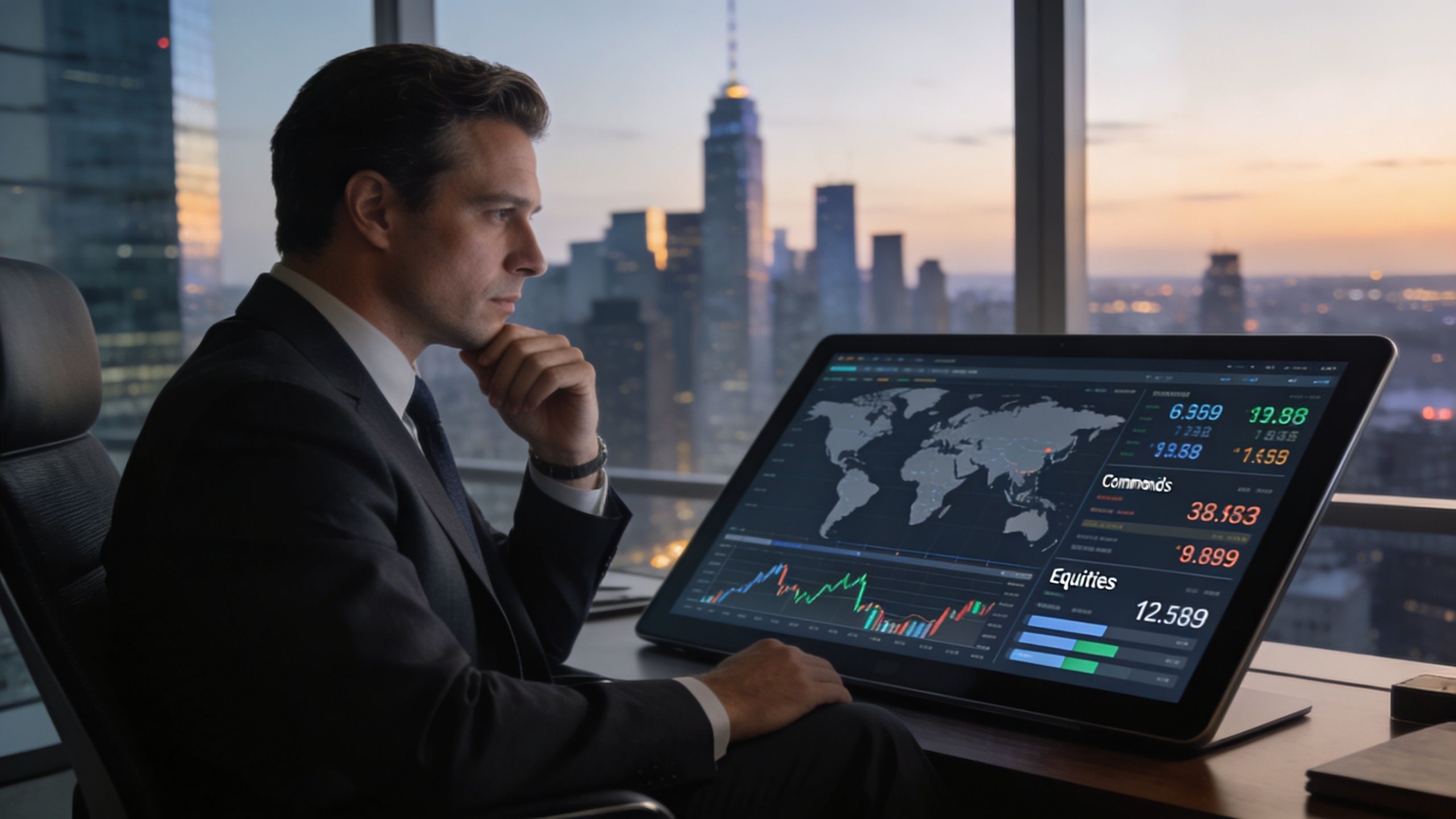 A professional man in a suit looking thoughtfully at stock market data on a large monitor.