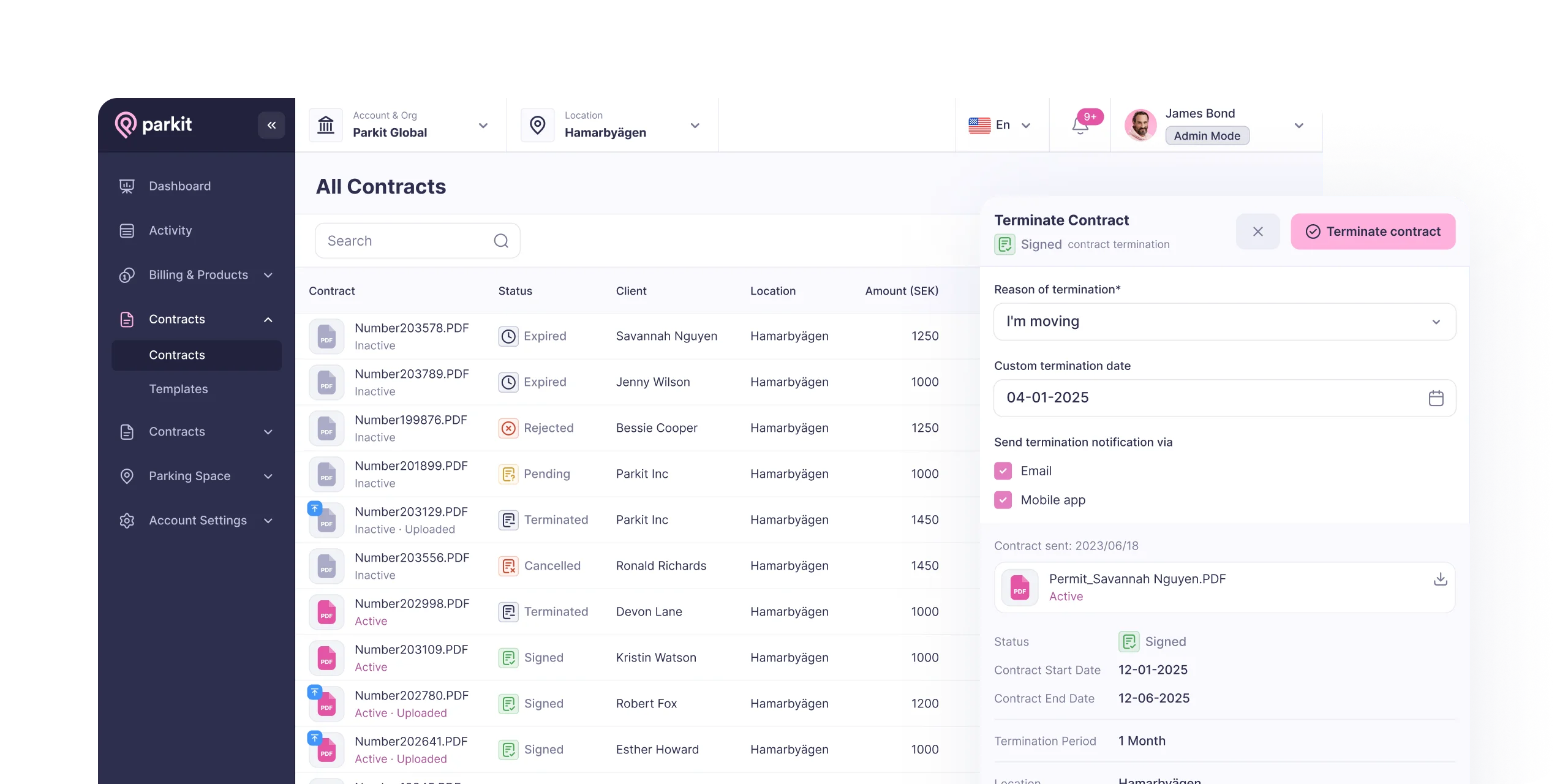 Contract management screen