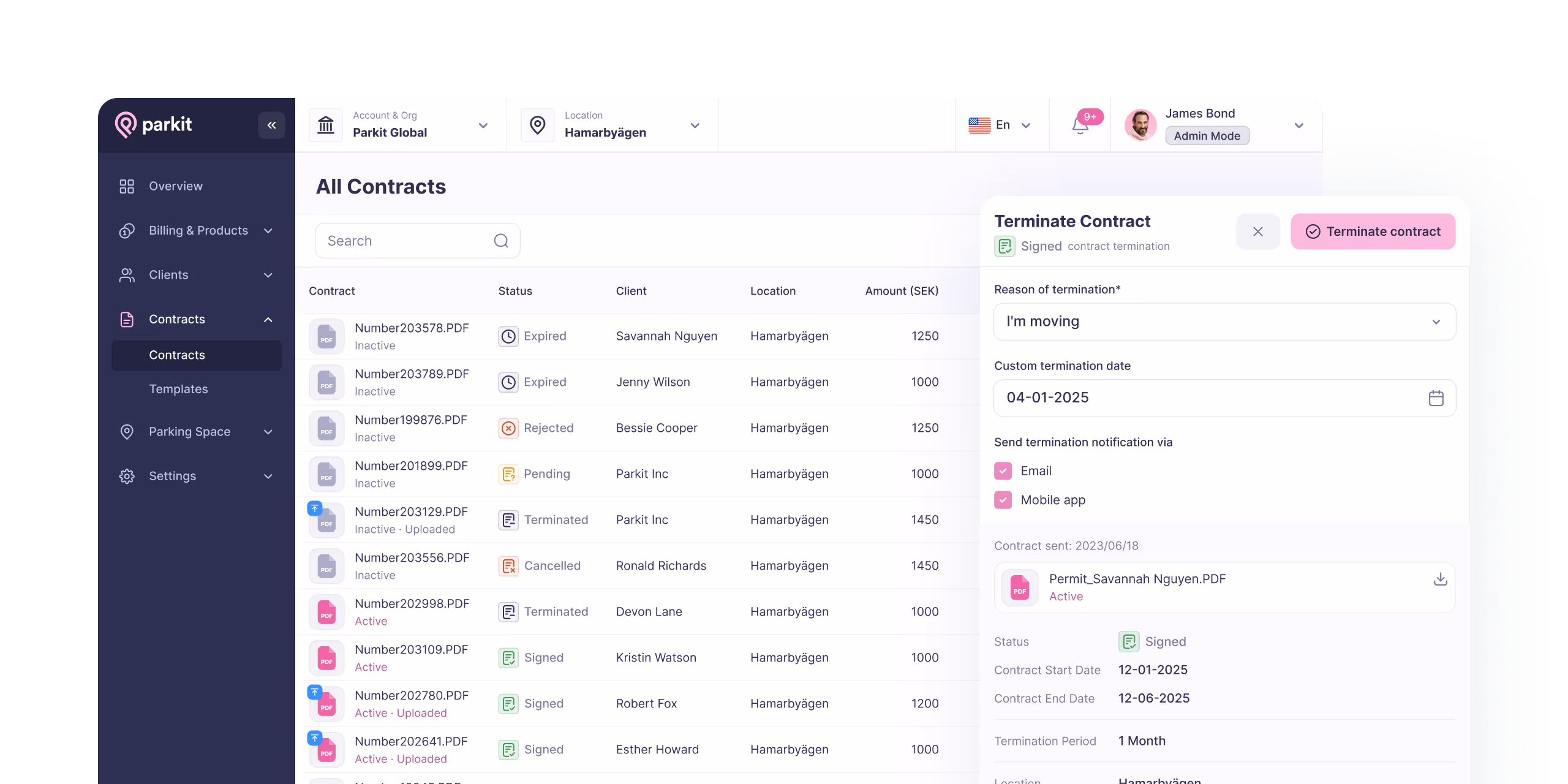 Manage contracts (parkit app screen)