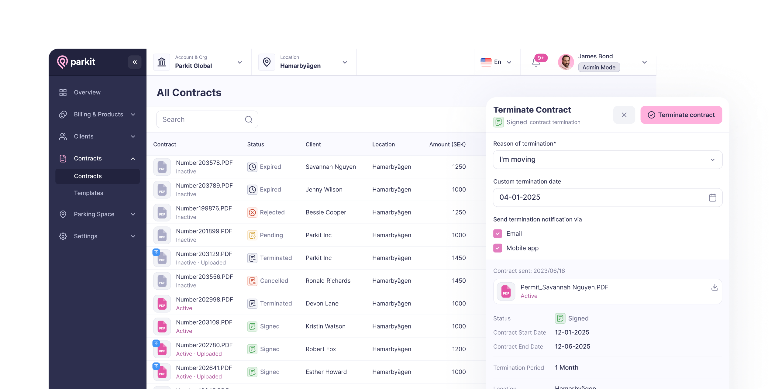 Manage contracts (parkit app screen)