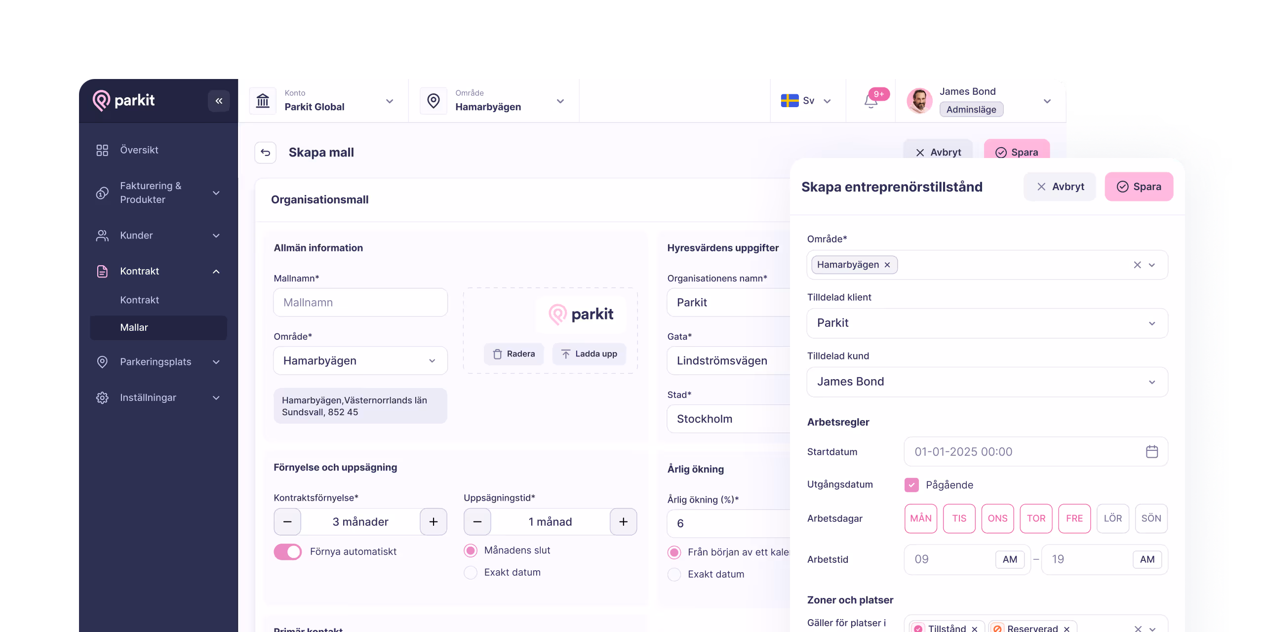 Parkit administrationsgränssnitt med mallskapande för kontrakt, inklusive organisatorisk information, förnyelse, hyresvärdsuppgifter och entreprenörstillståndsinställningar.