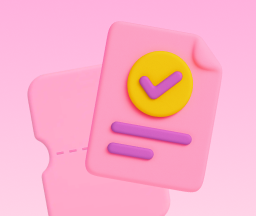 Rosa dokument med gul cirkel och lila bockmarkering mot rosa bakgrund.