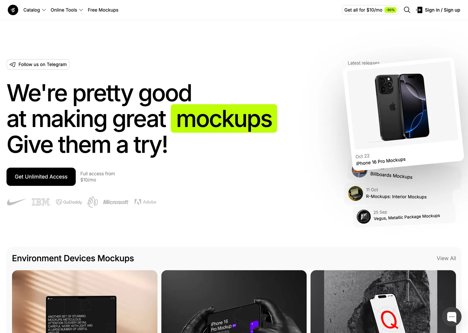 Website homepage featuring a promotional banner for mockups with an iPhone 16 Pro mockup image and logos of brands like Nike, IBM, GoDaddy, Microsoft, and Adobe.