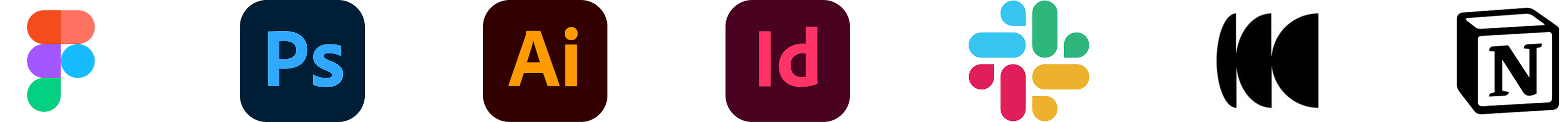 Icons of popular design and productivity apps from left to right: Figma, Adobe Photoshop, Adobe Illustrator, Adobe InDesign, Slack, Medium, and Notion.
