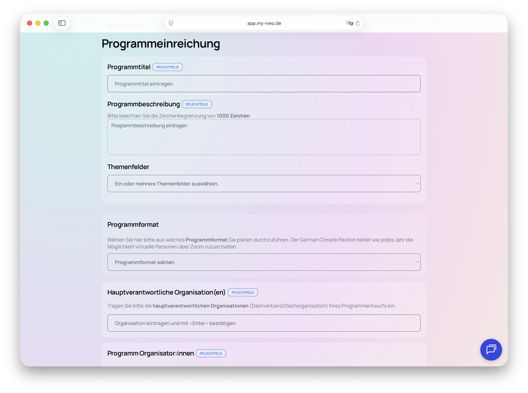 Eingabeformular für Programmeinreichungen in iveo Prepare