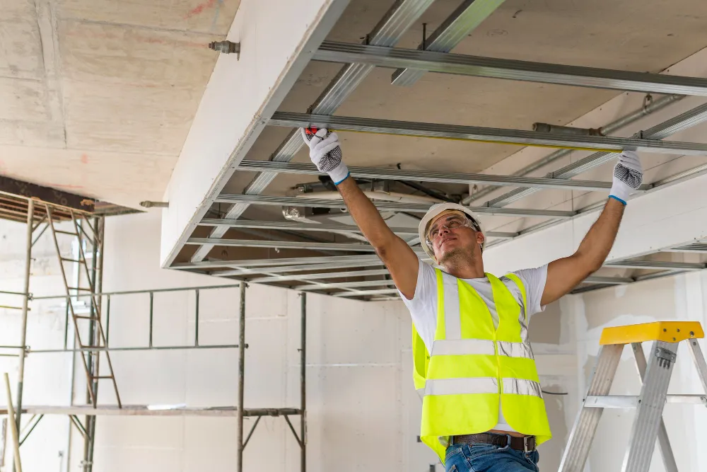 A man in a yellow safety vest and safety gloves working on a ceiling.