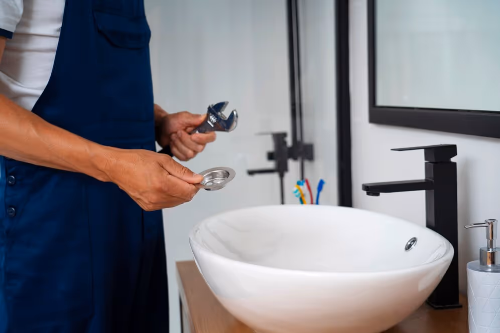 A plumber holding a faucet in front of a bowl sink.