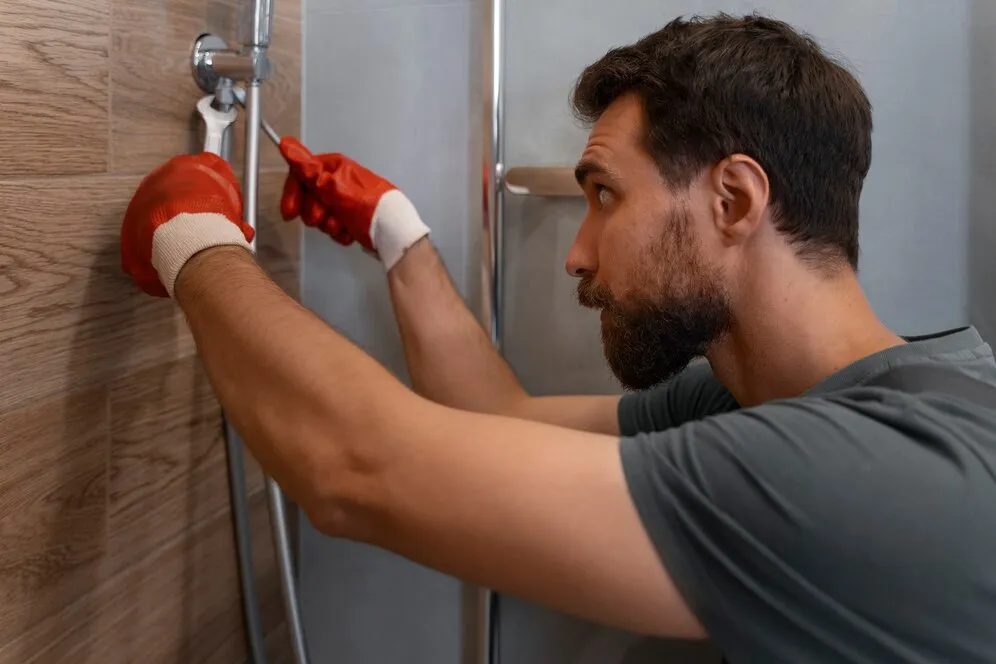 A man in grey shirt and red gloves fixing a shower.