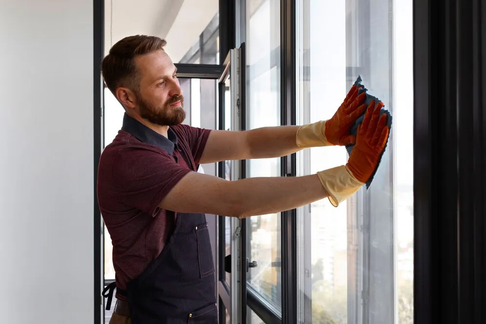 A man is cleaning a window with a rag.