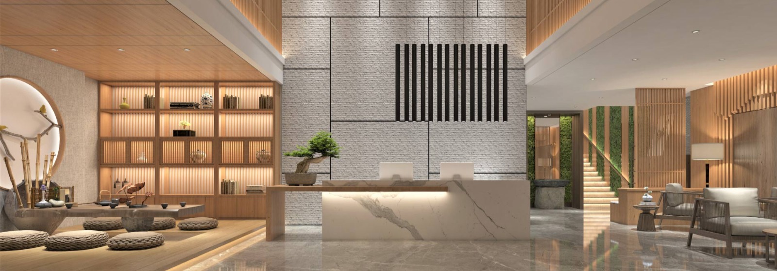 A lobby with a marble counter top and wooden shelves.