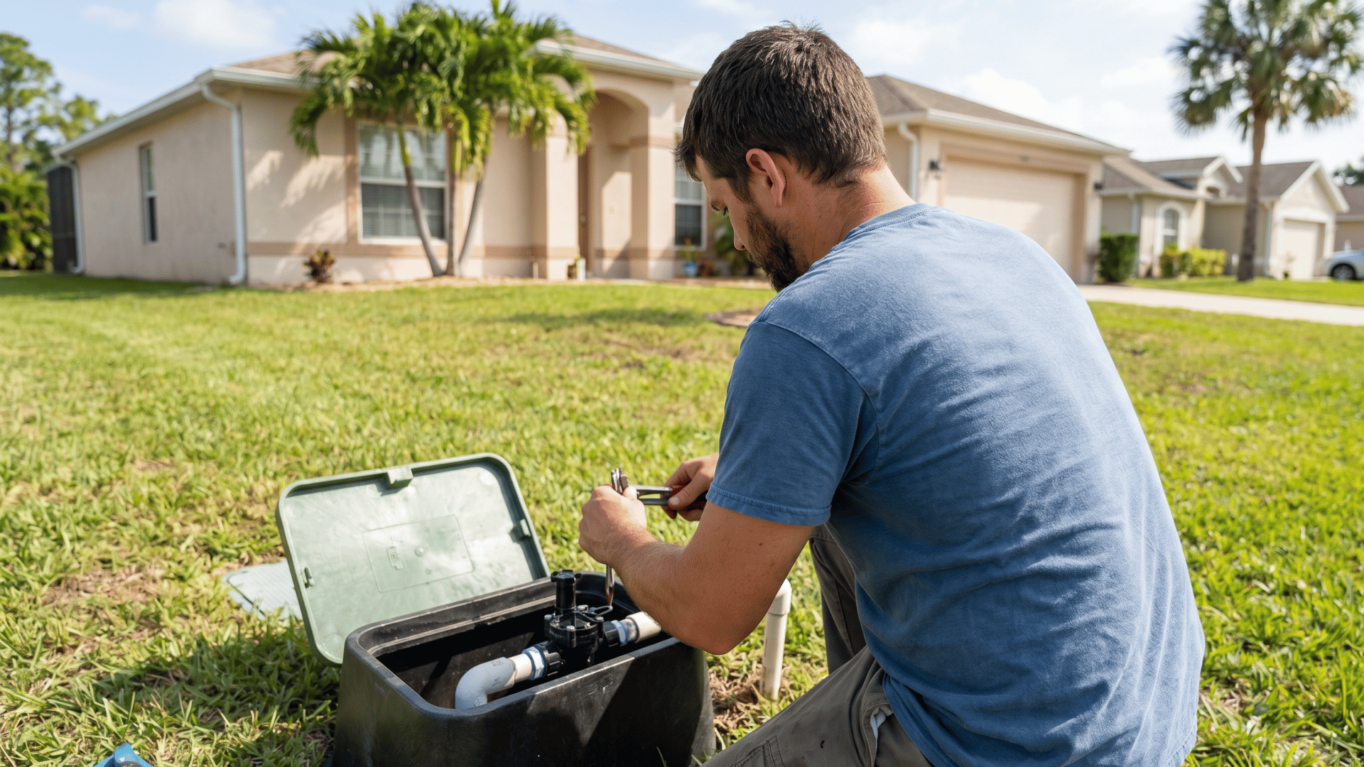 Professional landscaping crew working on an irrigation repair project with SEO for landscaping companies digital marketing
