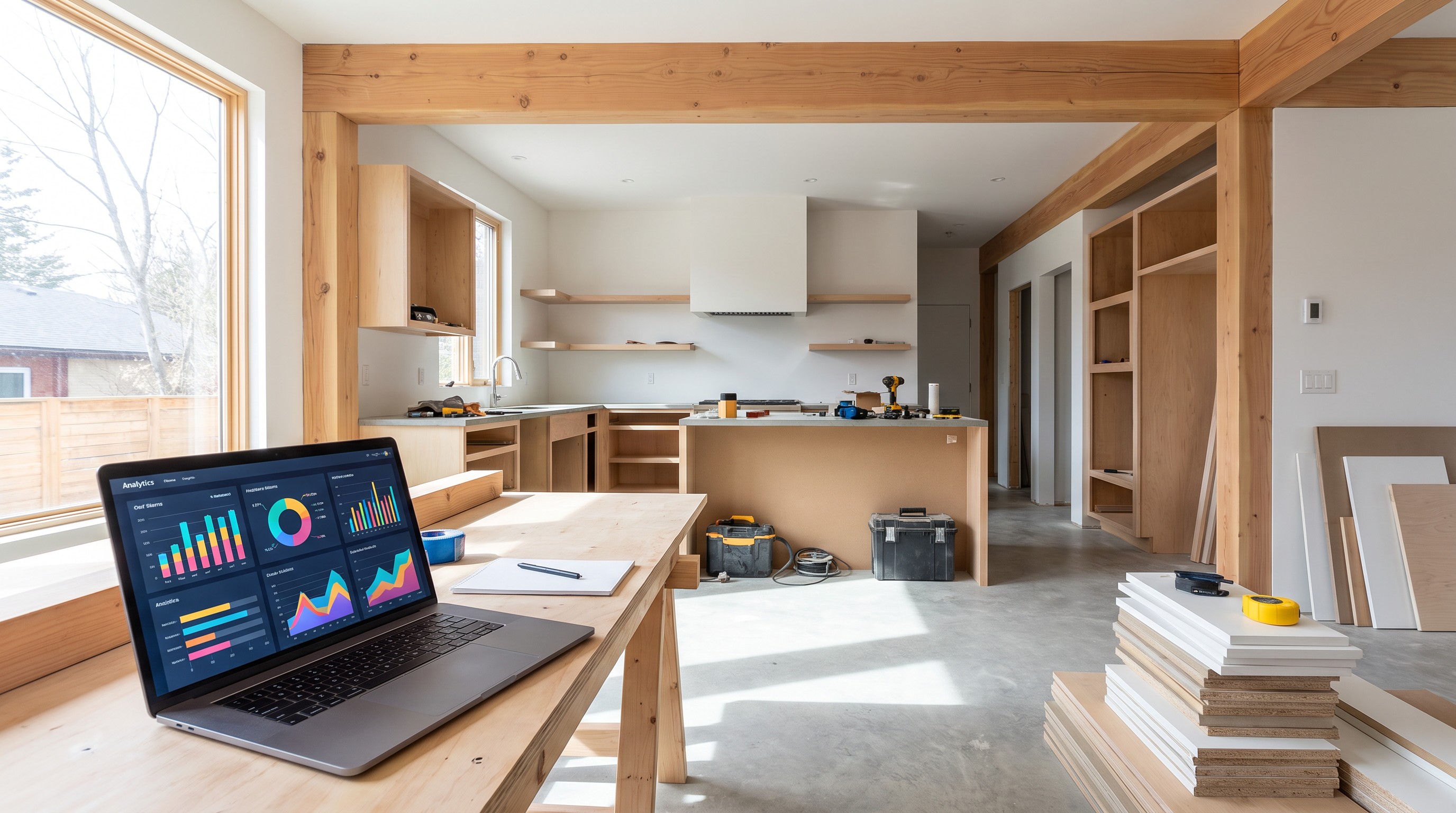 Remodeling contractor reviewing digital marketing for remodelers strategy on laptop at job site