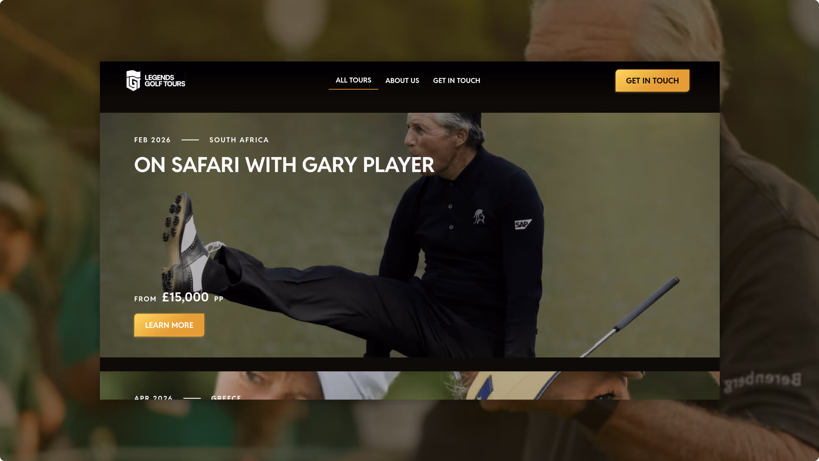 A preview of the website I designed and developed for Legends Golf Tours, featuring Gary Player's tour