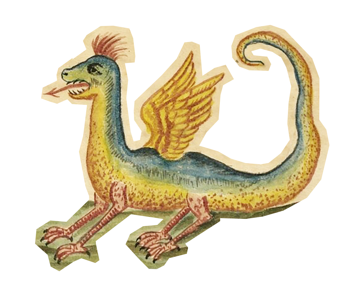 A colorful medieval alchemical dragon with yellow wings.