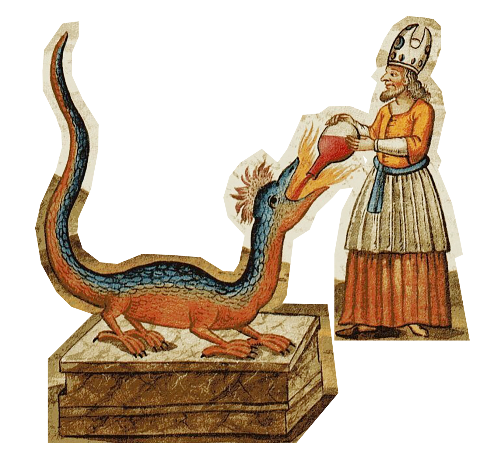 Medieval alchemical dragon being fed a red potion