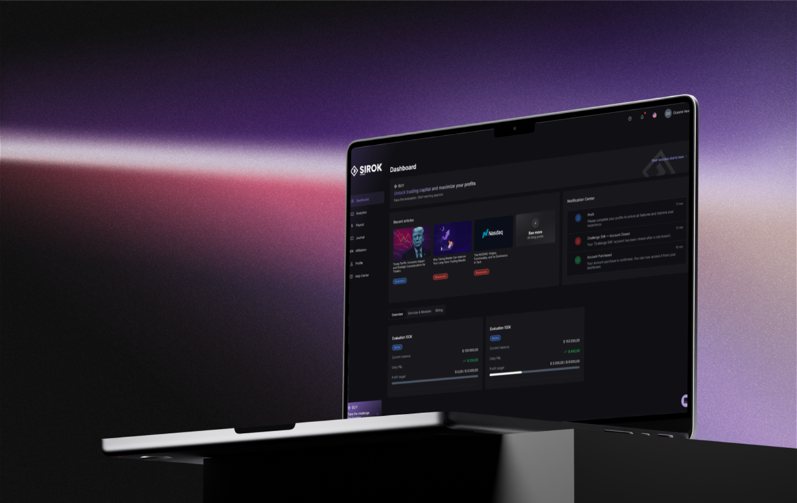 Sleek laptop on a black platform displaying a dark-themed dashboard interface with analytics and notification panels against a gradient purple and pink background.