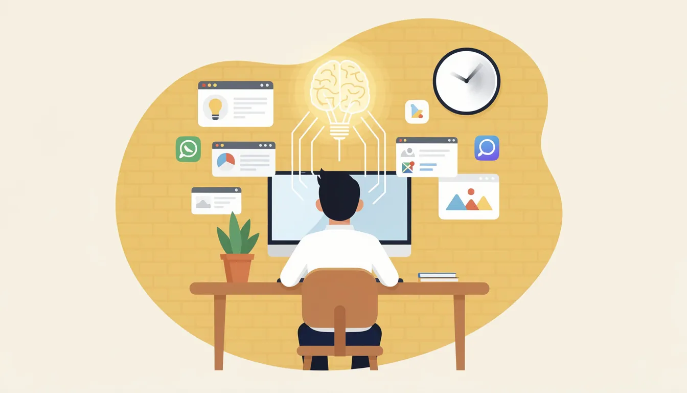 Person at desk surrounded by AI tools with brain icon