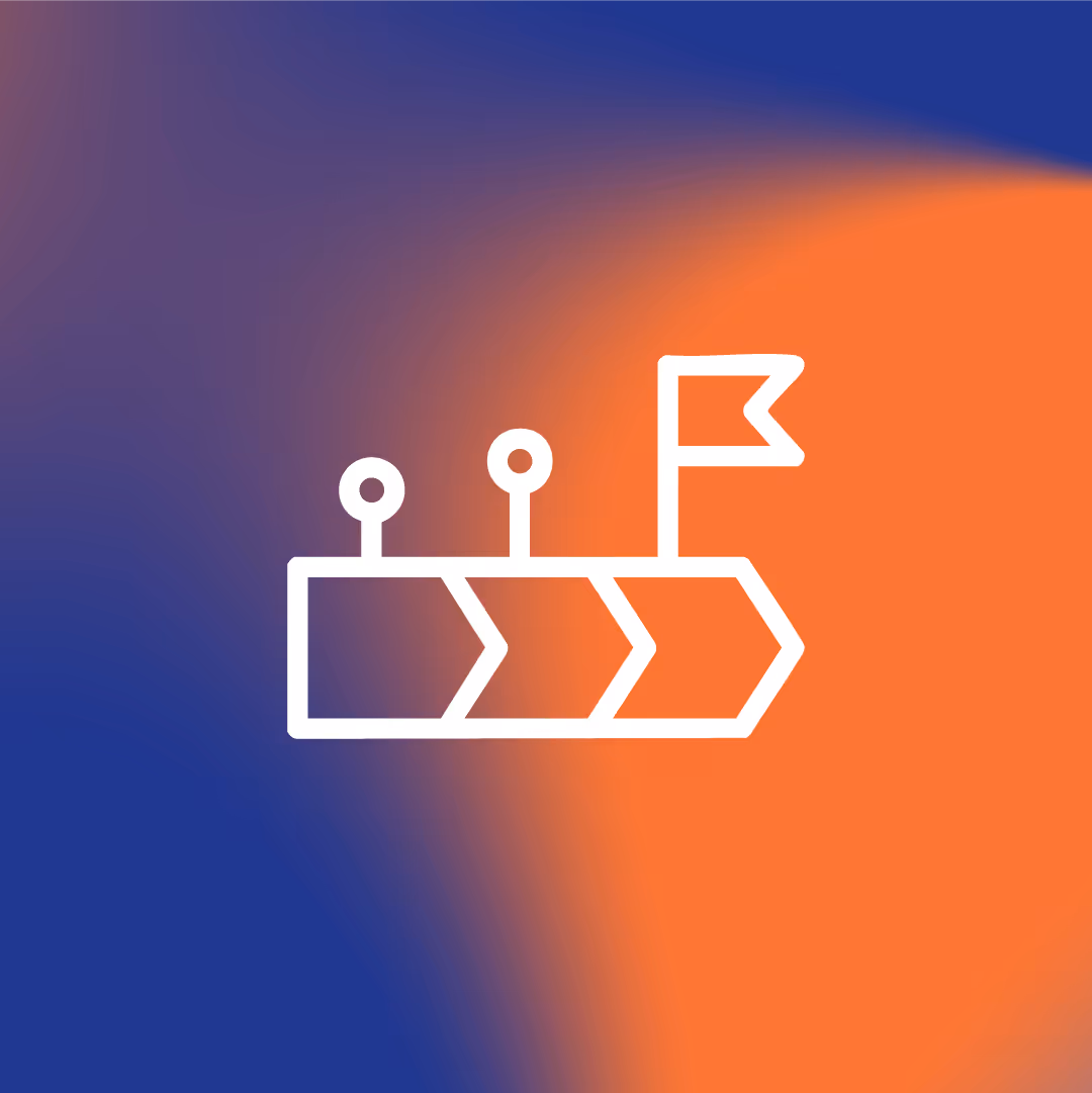 White outlined icon of a roadmap with milestones and a flag on blue and orange gradient background.