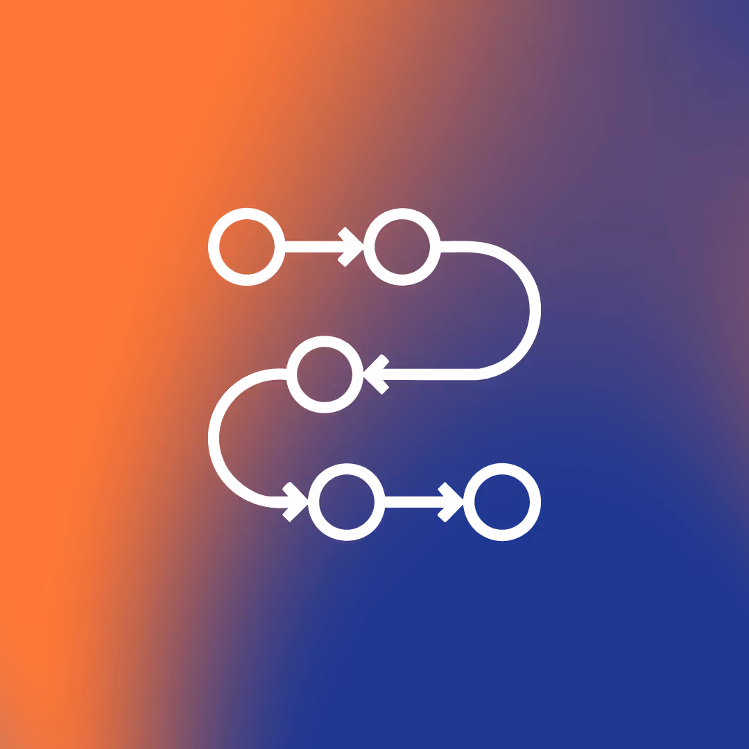 White flowchart with circles and arrows forming a looping path on a gradient orange to purple background.
