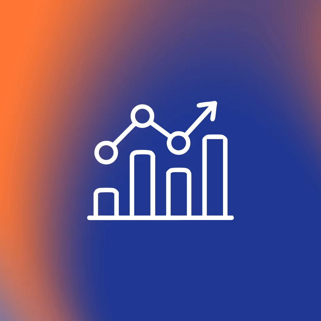 White line chart with rising bars and an arrow indicating growth on a blue and orange gradient background.