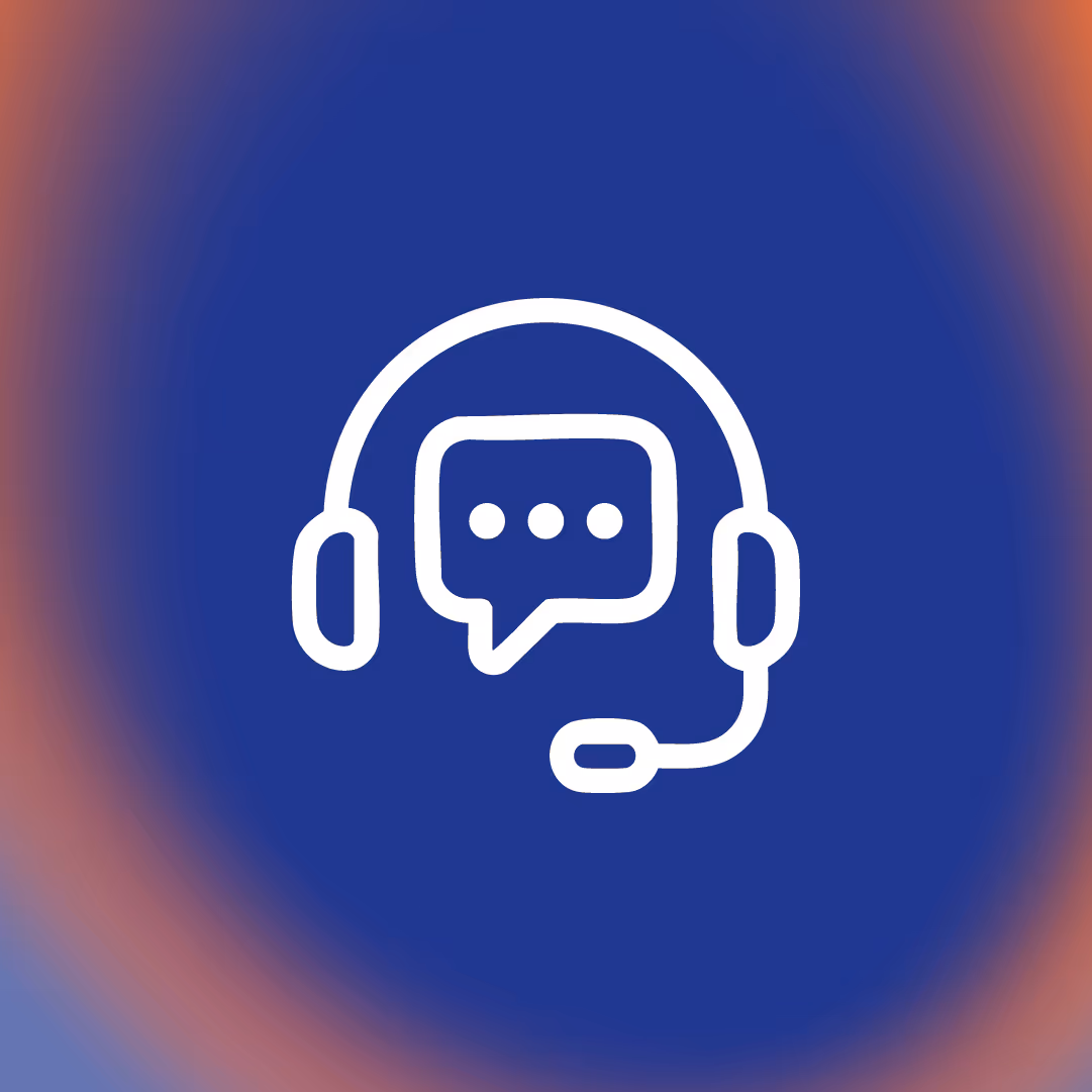 White headset with microphone and chat bubble icon on a blue and orange gradient background.