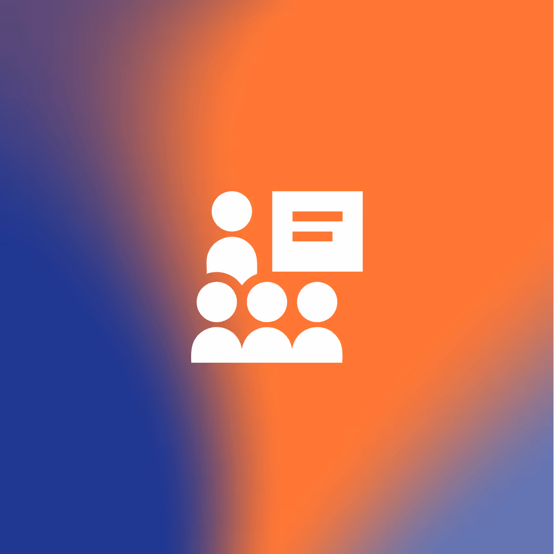 White icon of a person standing in front of three seated figures and a presentation board on a blue and orange gradient background.