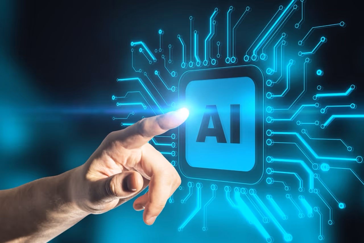 Hand pointing to a glowing blue AI icon surrounded by circuit lines on a digital interface.