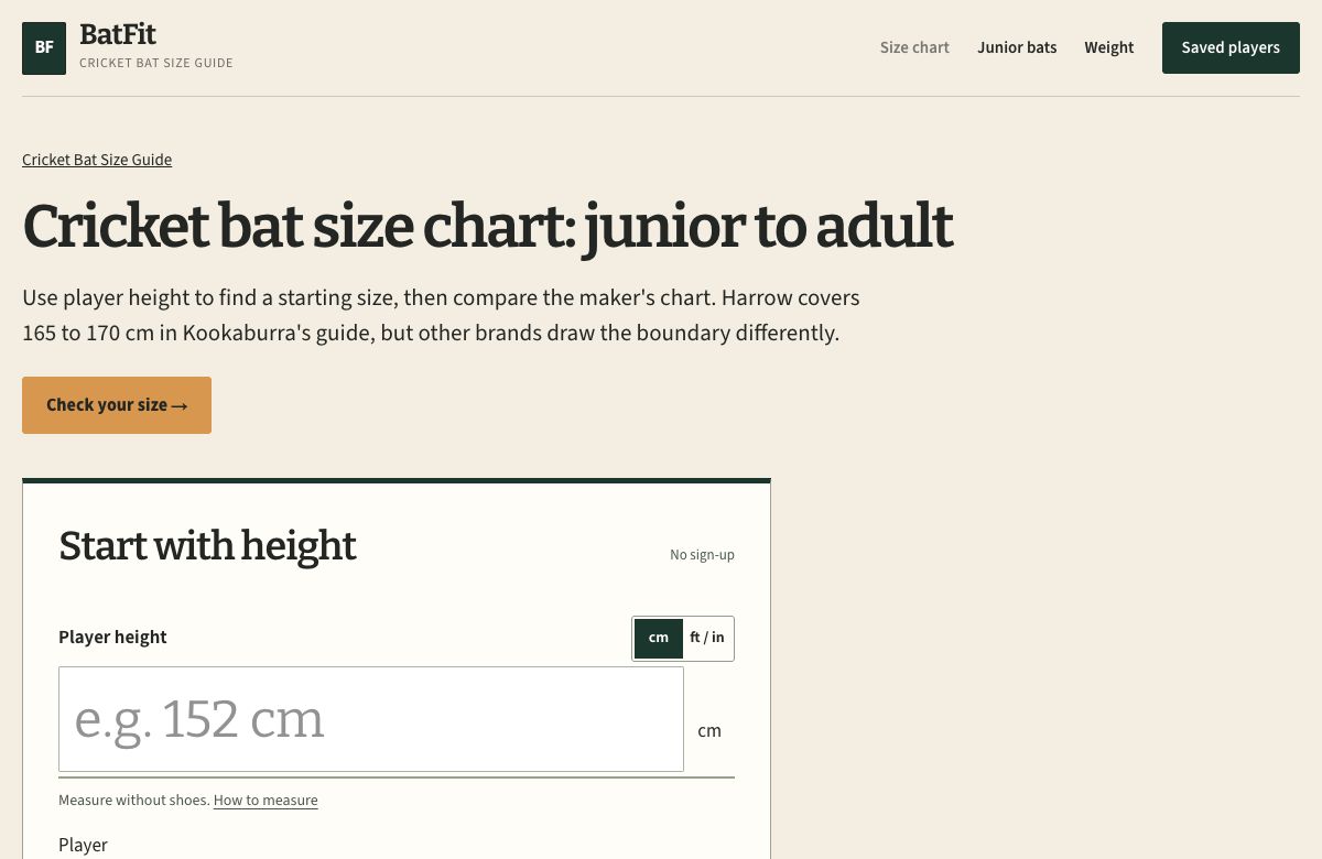 BatFit cricket bat size chart page with a height calculator