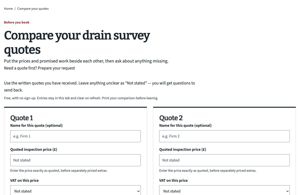 DrainSurveyCost tool for comparing two written drain survey quotes